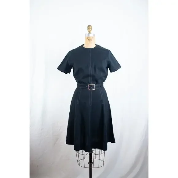 Vintage 60s Black Rayon Blend Mini Dress, Classic A-Line Retro Rockabilly, Small - Picture 10 of 13